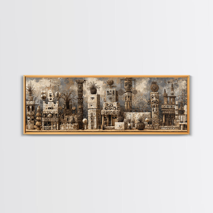 Monochrome African Totem Sculptures And Carved Masks Framed Canvas Print, Tribal Wall Decor, African Artwork, Cultural Art