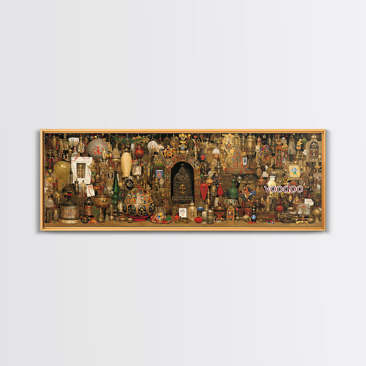 Voodoo Altar Shelf With Masks Bottles And Sacred Objects Canvas Print, Afrocentric Wall Art, African Decor, Spiritual Wall Decor