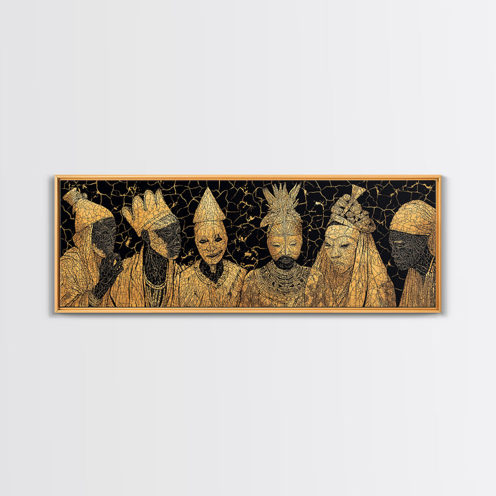 Gold African Royal Figures In Patterned Tribal Masks Framed Canvas Print, Black And Gold Art, African Wall Decor, Afro Art
