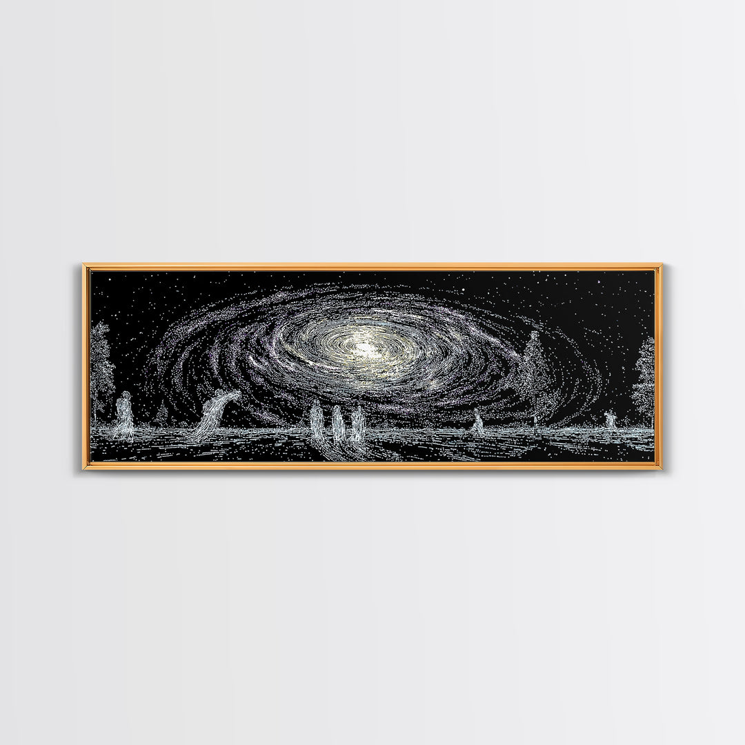 Cosmic Spiral Galaxy Over Water And Tiny Figures Canvas Print, Mystical Wall Art, Black And White Art, Contemporary Wall Art