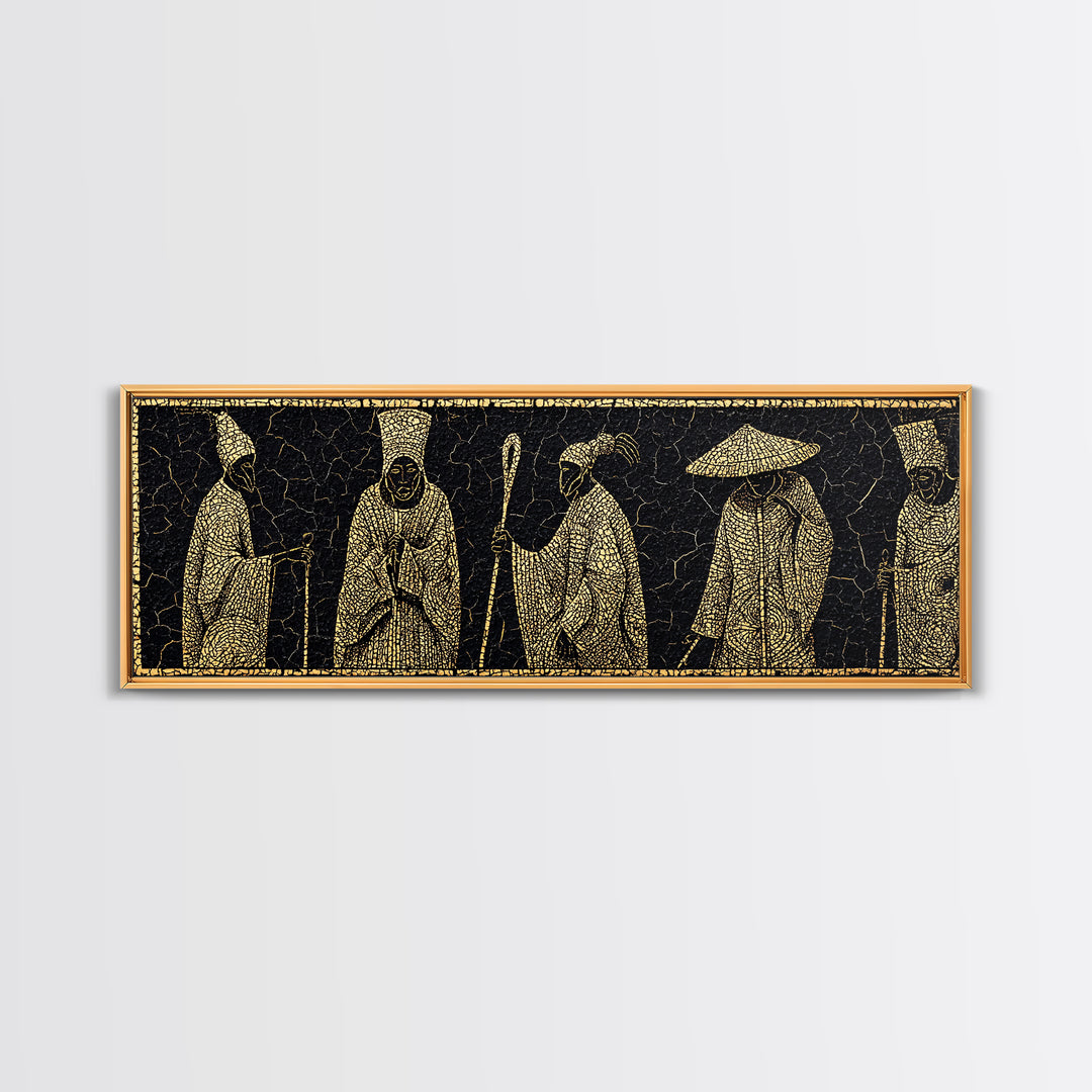 Gold African Elder Procession Wall Art, Ancient African Art, Tribal Figures Canvas Print, Black And Gold Cultural Decor Gift