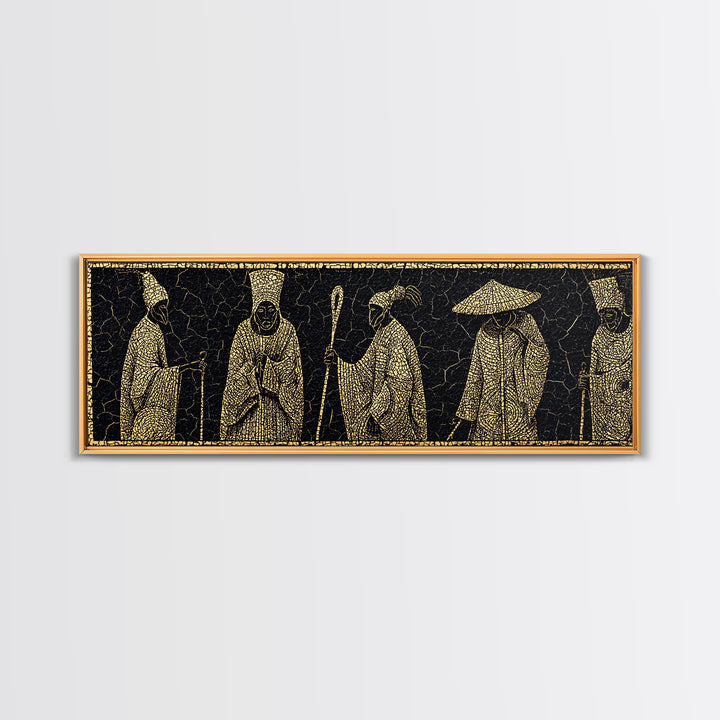 Gold African Elder Procession Wall Art, Ancient African Art, Tribal Figures Canvas Print, Black And Gold Cultural Decor Gift