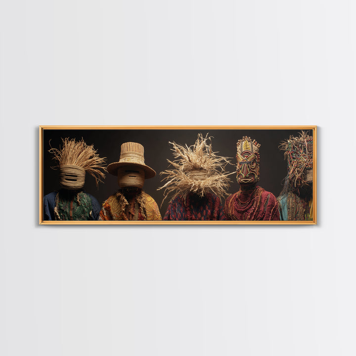 Straw Masked African Figures In Woven Textiles Framed Canvas Print, Tribal Portrait Wall Art, Afrocentric Home Decor Gift