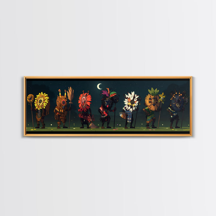 Moonlit African Mask Procession With Flower Headdresses Wall Art, Tribal Canvas Print, Boho Afrocentric Room Decor Statement Gift