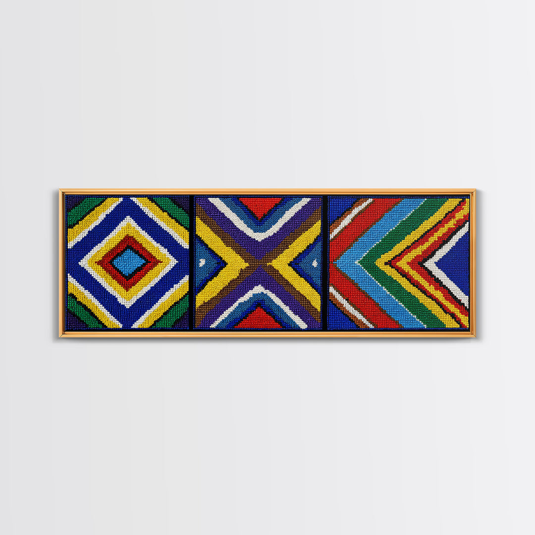 Three Panel Beaded Diamond Canvas Print, African Tribal Chevron Pattern, Geometric Wall Art, Colorful Boho Wall Decor, Set Of 3 Art