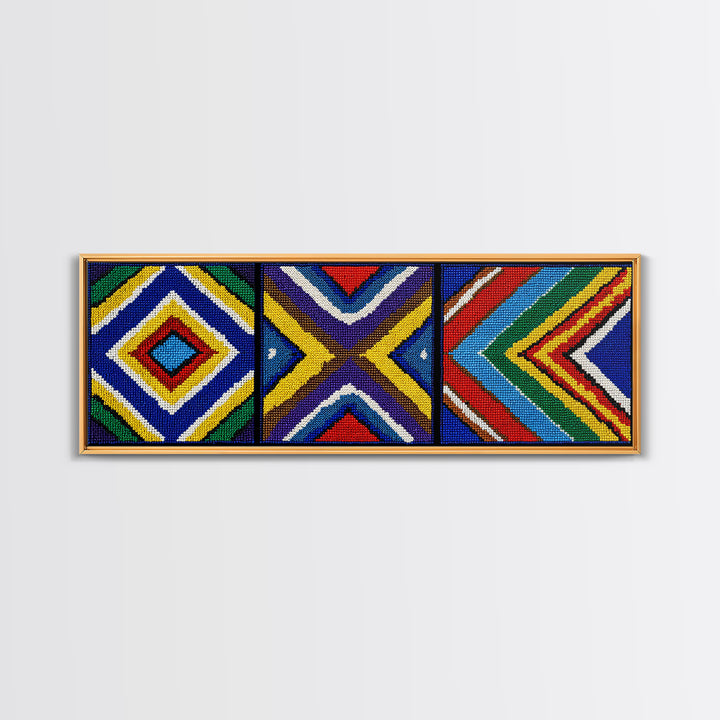 Three Panel Beaded Diamond Canvas Print, African Tribal Chevron Pattern, Geometric Wall Art, Colorful Boho Wall Decor, Set Of 3 Art