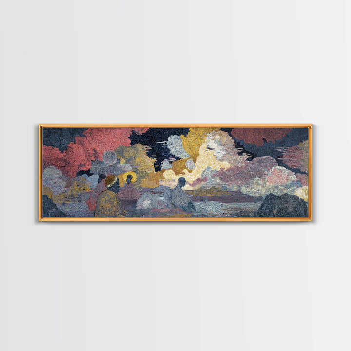 Sunset Harbor Figures In Textured Clouds Wall Art, African Inspired Landscape, Colorful Modern Canvas Print For Living Room