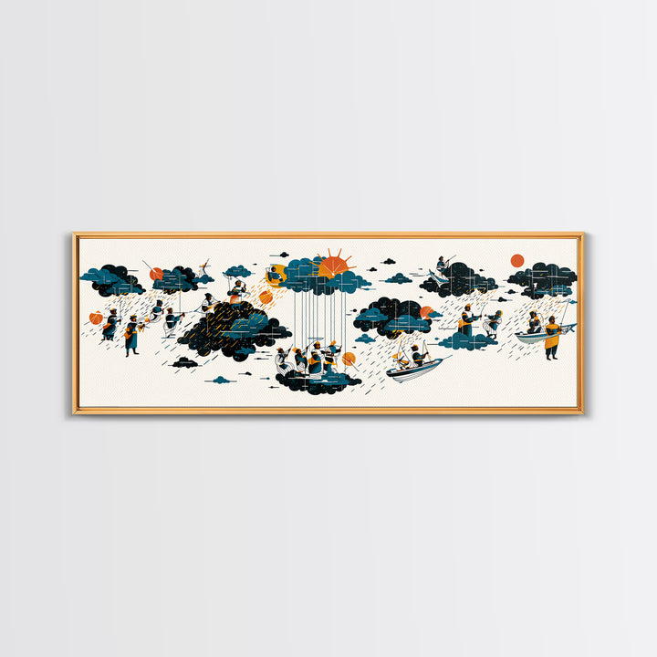 Whimsical Rain Cloud Journey Wall Art, Tiny Boats And Figures Illustration, Modern Blue Orange Canvas Print, Playful Decor