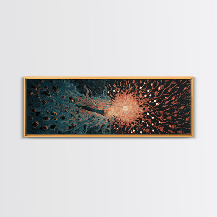Fiery Coral Organic Bloom Wall Art, Teal Black Abstract Canvas Print, Contemporary Fluid Energy Decor, Bold Home Artwork