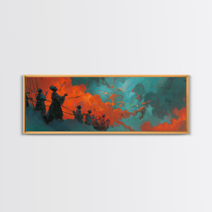 Orange Teal African Warriors In Storm Wall Art, Afrocentric Canvas Decor, Black Culture Art, Ancestral Spirit African Wall Decor
