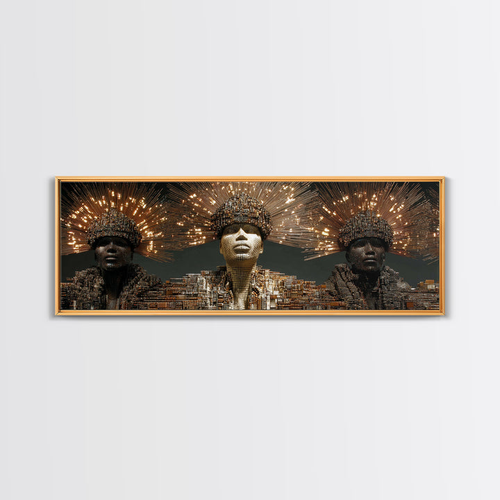Radiant African Futurist Trio Framed Canvas Print, Black Culture Art, Afrocentric Wall Art, Gold Jewelry Canvas Decor Gift