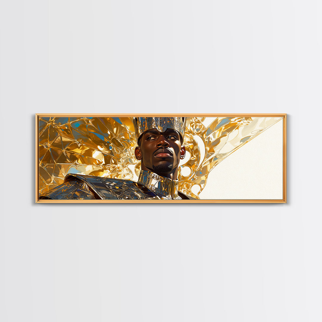 Majestic Black King In Gold Armor Framed Canvas Print, African Portrait, Black Man Wall Art, Afrocentric Decor, Royal Gift