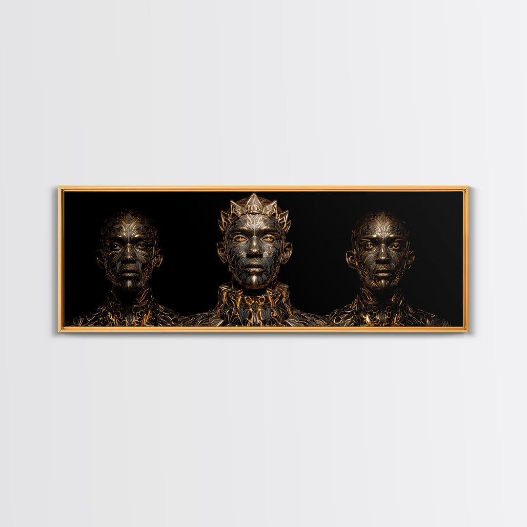 Three Crowned Black Kings In Gold Wall Art, African Warrior Art, Afrocentric Canvas Decor, Black Culture Art, Royal Portrait