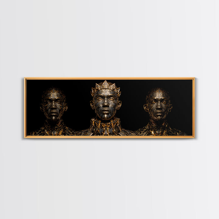 Three Crowned Black Kings In Gold Wall Art, African Warrior Art, Afrocentric Canvas Decor, Black Culture Art, Royal Portrait