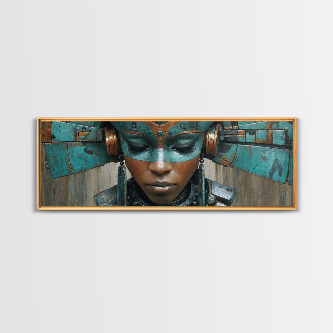 Futuristic Turquoise African Queen Mask Canvas Print, Afrofuturism Decor, Black Goddess Portrait, Modern Afro Wall Decor