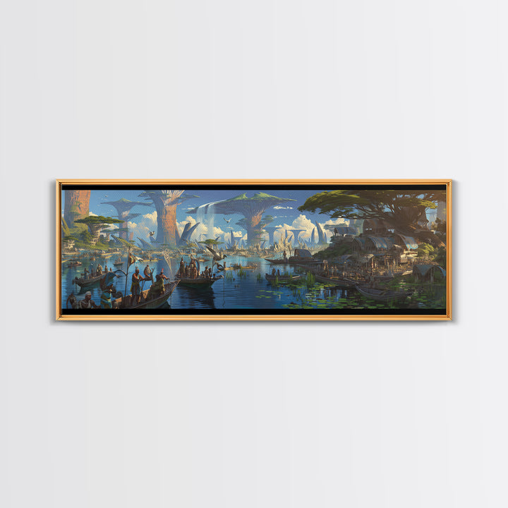 Afrofuturist African Waterfront Village Wall Art, Fantasy Baobab Landscape, Cultural Safari Decor, Unique Canvas Gift, Home Decor