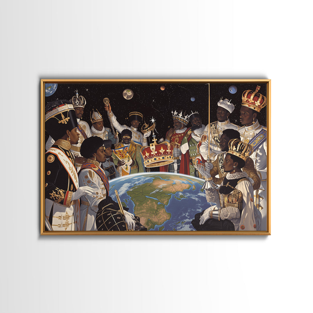 Cosmic African Royal Council Over Earth Wall Art, Afrocentric Black History Decor, African American Art, Regal Canvas Print