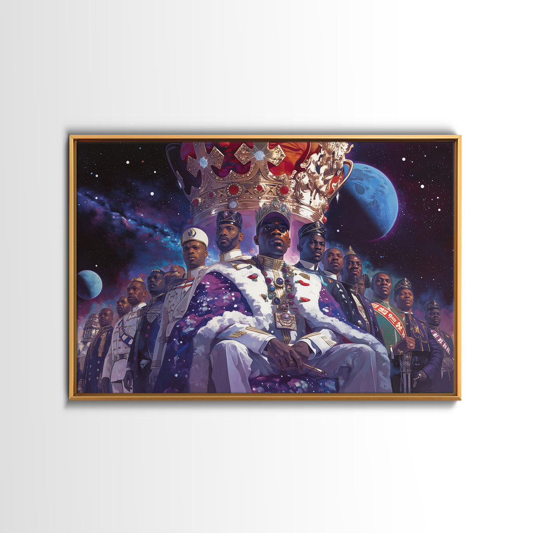 Galactic Black King And Royal Guard Framed Canvas Print, African American Art, Afrocentric Wall Decor, Black Man Portrait