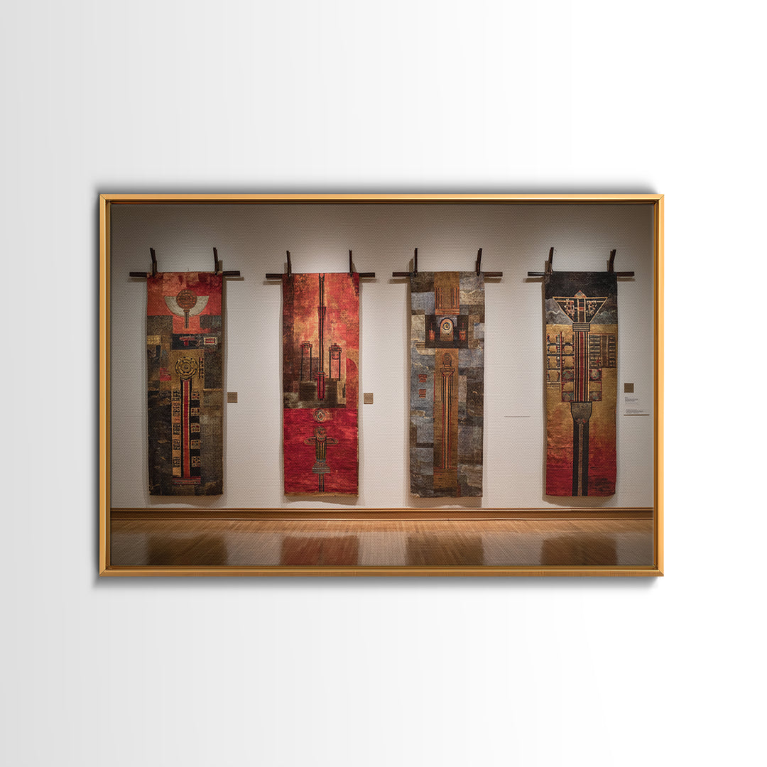 Earth Tone Textile Banners In Gallery, African Wall Art, Cultural Home Decor, Textile Art, Modern Framed Canvas Print, Museum Decor