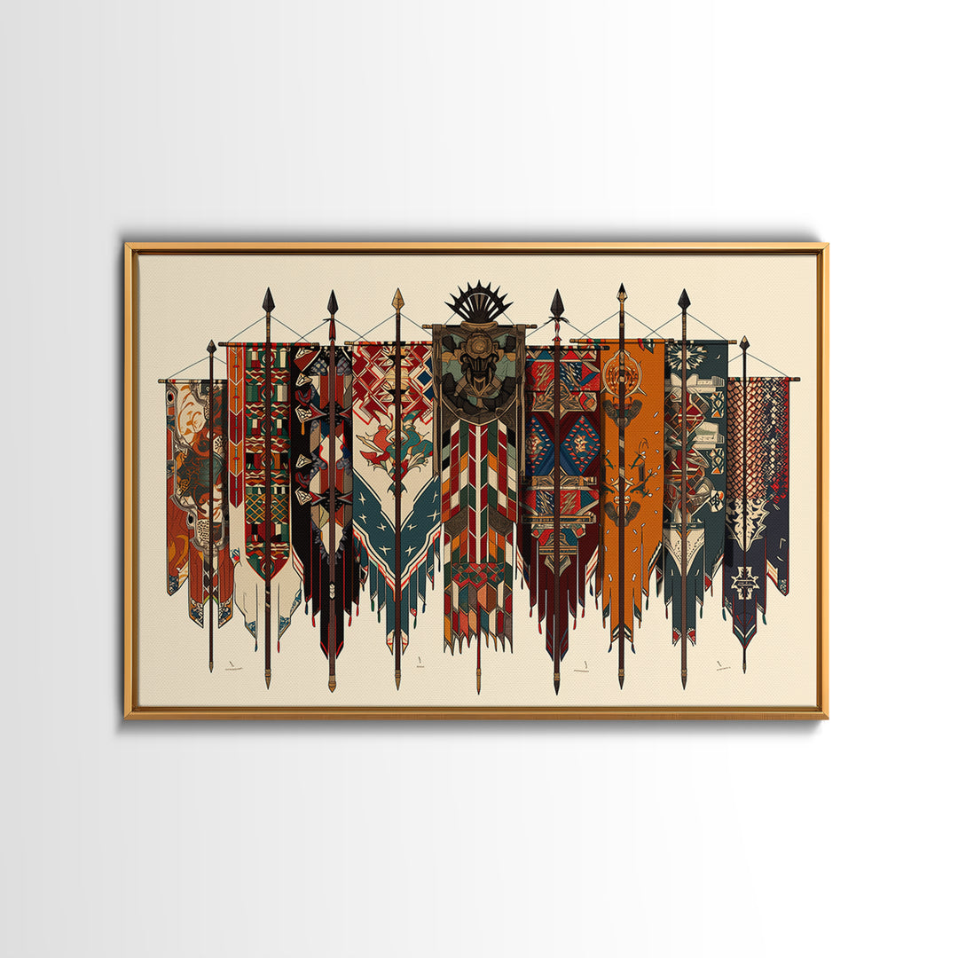Patterned Tribal War Banners With Spears, African Wall Art, Ankara Decor, Cultural Art Print, Bold Framed Canvas Print, Ethnic Wall Decor