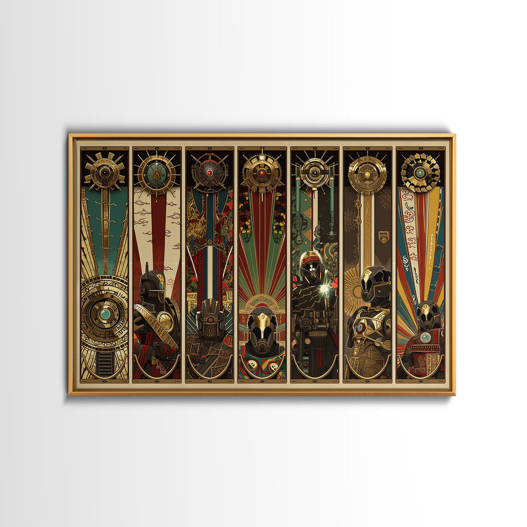 Futuristic Tribal Totem Panels And Helmets, African Wall Art, Afrofuturism Decor, Geometric Art, Framed Canvas Print, Bold Home Decor