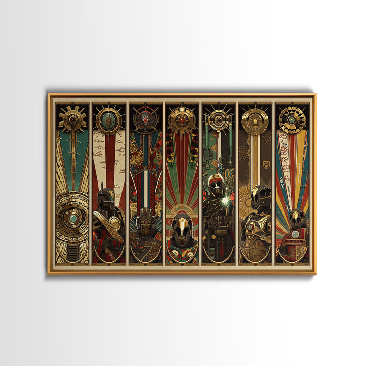 Futuristic Tribal Totem Panels And Helmets, African Wall Art, Afrofuturism Decor, Geometric Art, Framed Canvas Print, Bold Home Decor