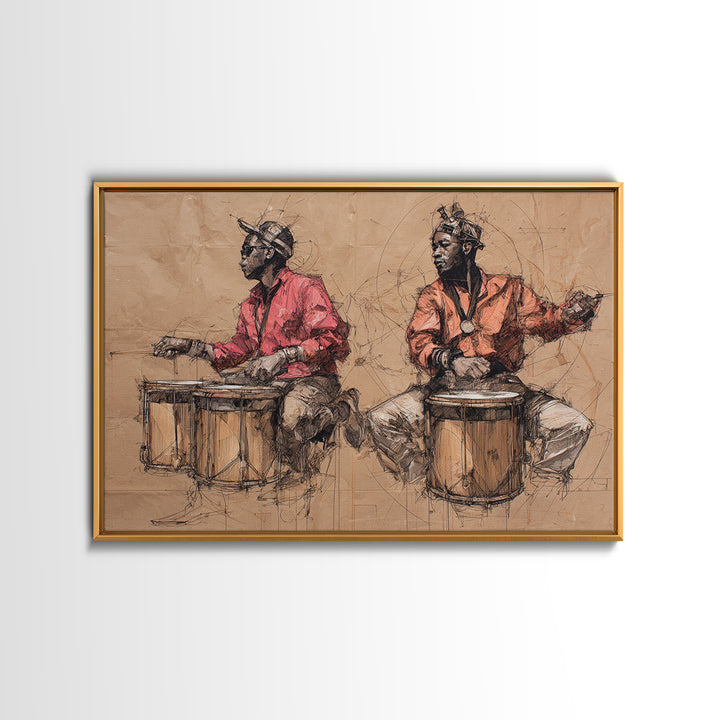 Two African Drummers Sketch Framed Canvas Print, Tribal Art Print, African Culture Art, Music Room Decor, Afrocentric Artwork