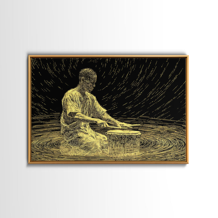 Golden African Drummer Line Art Wall Art, Black And Gold Art, Spiritual Music Decor, Afrocentric Wall Art, Unique Canvas