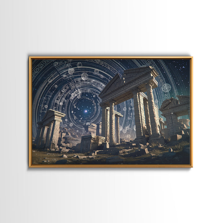 Starlit Ancient Temple Ruins Framed Canvas Print, Mystical Wall Art, Spiritual Wall Decor, Astrology Inspired Home Decor