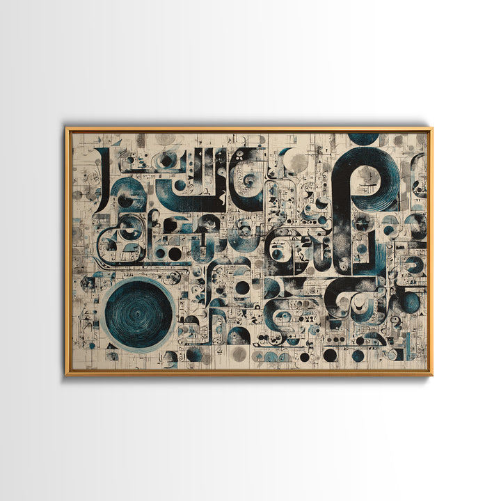 Modern Teal Black Geometric Symbols Canvas Print, Abstract Pattern Wall Decor, Contemporary Art, Office Home Accent, Statement Piece
