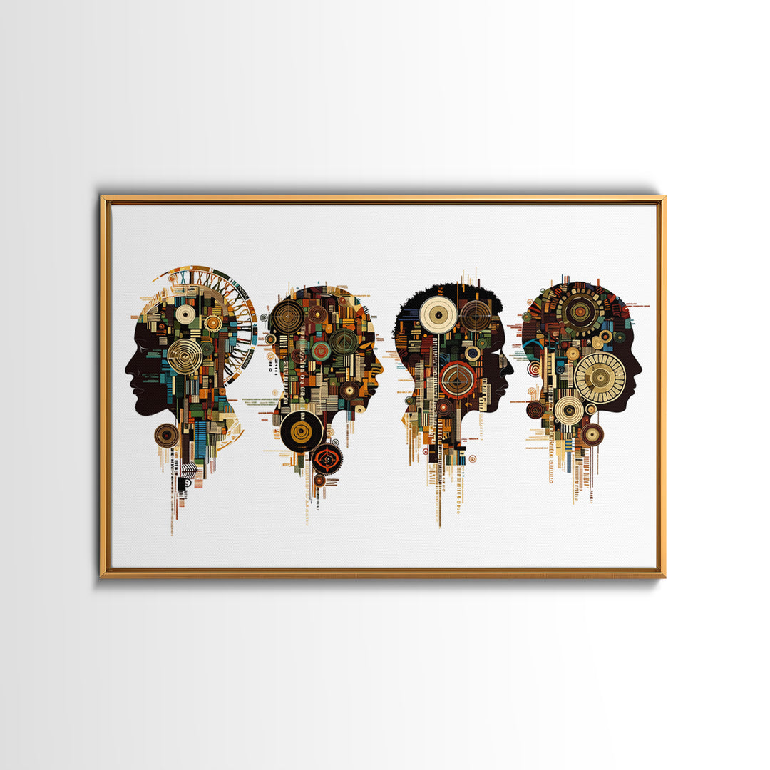 Four Afrofuturist Profile Heads Wall Art, Geometric Portrait Canvas, Black Culture Decor, Modern Abstract Office Gift For Home