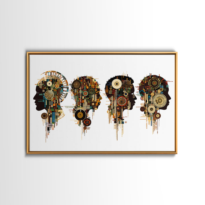 Four Afrofuturist Profile Heads Wall Art, Geometric Portrait Canvas, Black Culture Decor, Modern Abstract Office Gift For Home