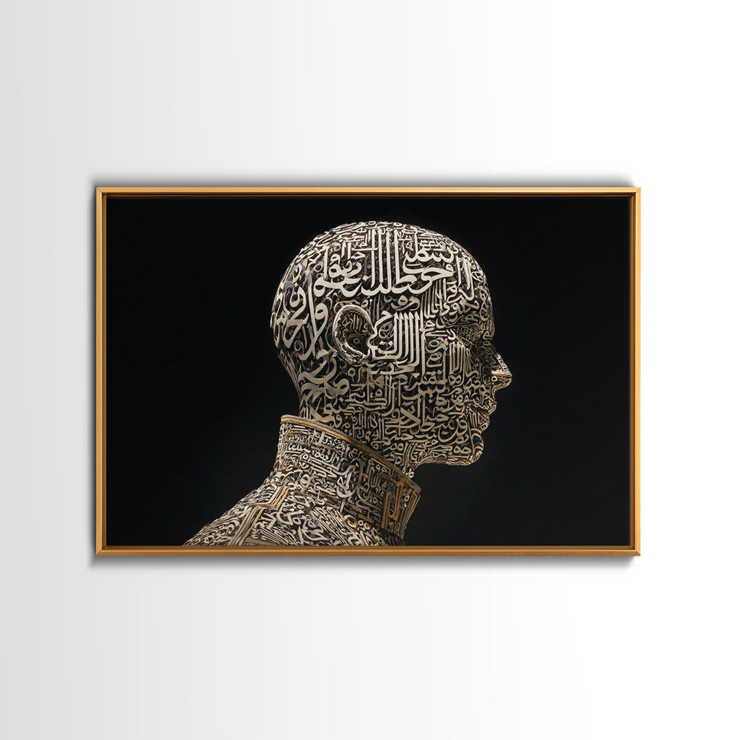 Arabic Calligraphy Human Head Canvas Print, Black Gold Spiritual Portrait Wall Art, Islamic Inspired Modern Home Decor Gift