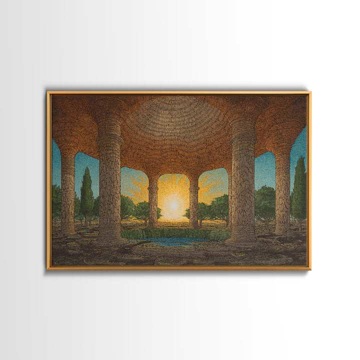 Ancient Stone Colonnade Garden Wall Art, Sunset Rotunda Landscape Canvas Print, Earth Tone Cultural Home Decor Gift For Living Room