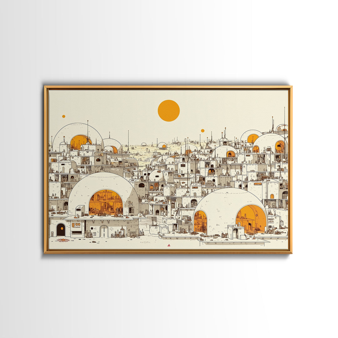 White Desert Dome City With Orange Sun Wall Art, African Landscape Print, Modern North African Decor, Boho Living Room Art