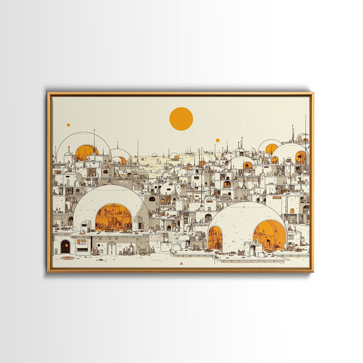 White Desert Dome City With Orange Sun Wall Art, African Landscape Print, Modern North African Decor, Boho Living Room Art