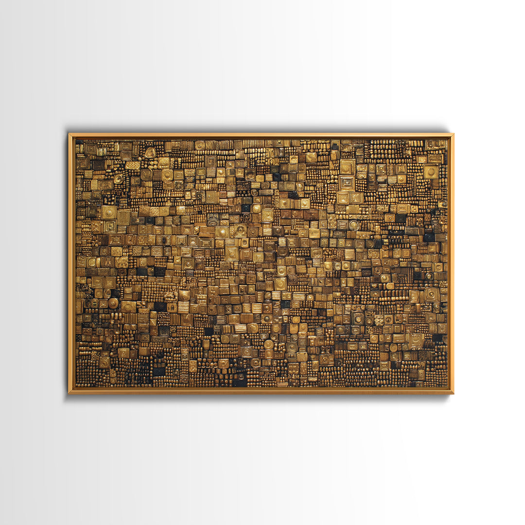 Gold And Black Geometric Mosaic Textile Wall Art, African Abstract Art, Kuba Cloth Decor, Luxury Modern Living Room Wall Decor