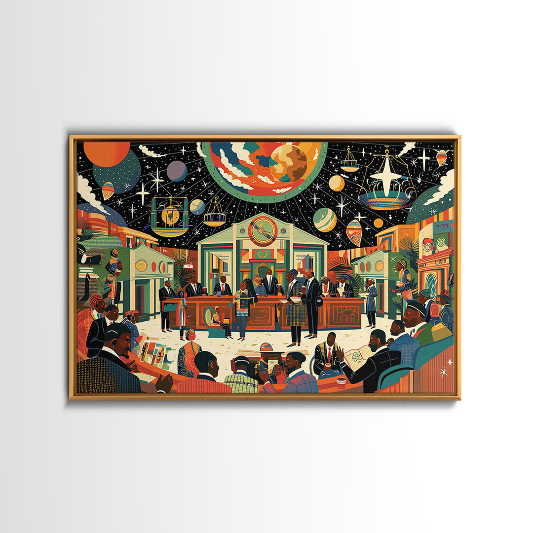 Afrofuturist Community Court Under Cosmic Sky Wall Art, Black Culture Art, African American Art, Juneteenth Home Decor Gift