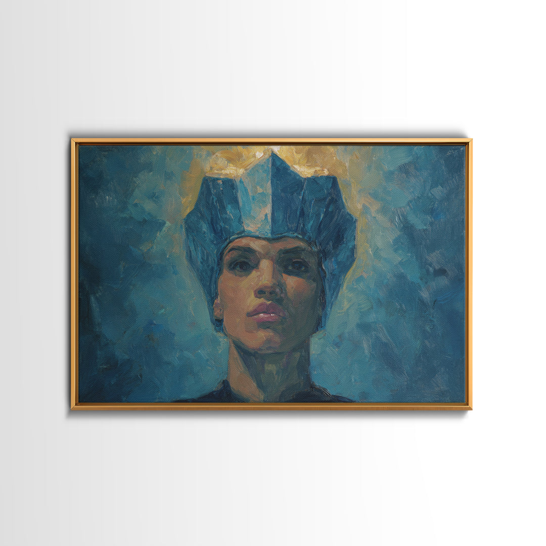 Regal Blue Crown African Woman Portrait Canvas Print, Black Queen Portrait, Elegant Woman Art, Feminine Wall Decor Gift For Her
