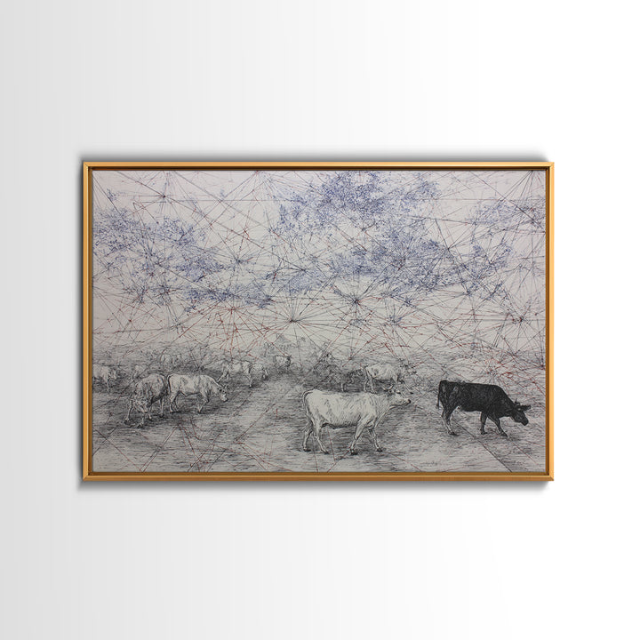 Pastoral Cattle Under Abstract Network Sky Wall Art, African Landscape, Farm Animal Art, Minimalist Office Decor Gift For Him