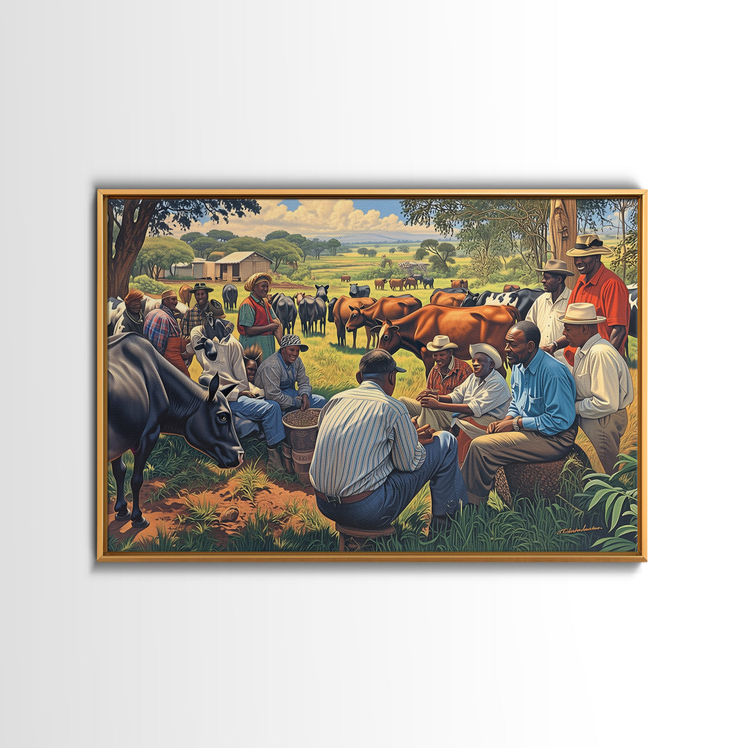 Rural African Cattle Market Gathering Wall Art, African Culture Art, Black People Art, Farm Landscape Home Decor Gift For Him
