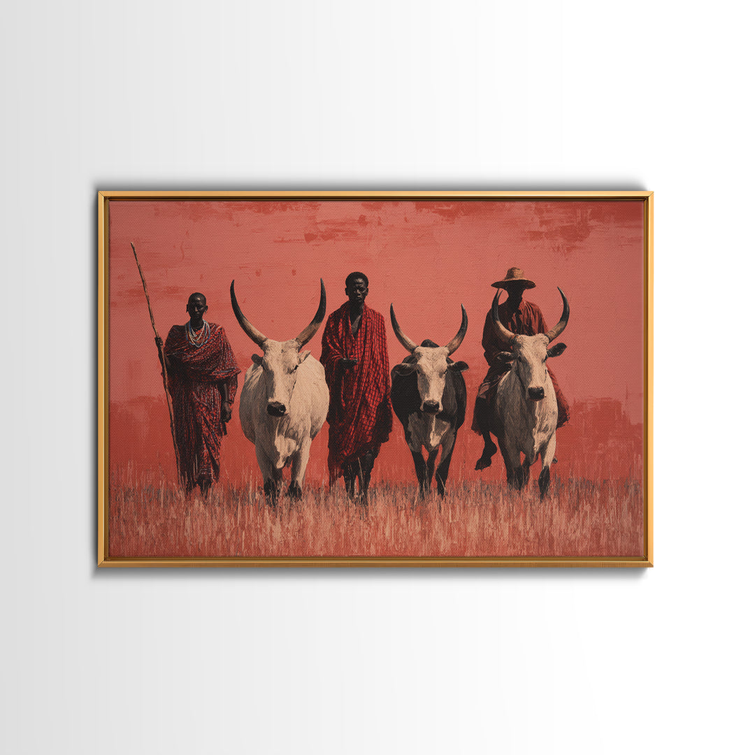 Maasai Warriors With White Cattle Framed Canvas Print, African Safari Art, Tribal Art Decor, Cultural Wall Art, Statement Decor