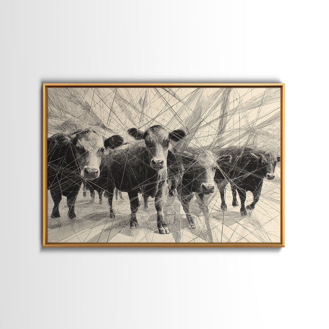 Black And White Abstract Cattle Drawing Canvas Print, African Animal Art, Modern African Art, Ethnic Wall Decor, Minimalist Poster