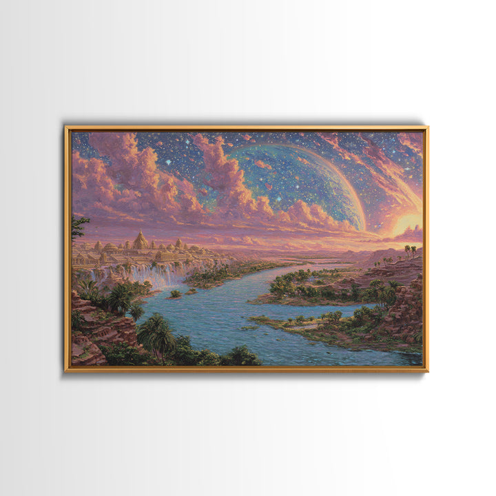Ancient Nile River Temple Under Cosmic Sky Framed Canvas Print, African Egyptian Art, Fantasy Landscape, Luxury Canvas Art