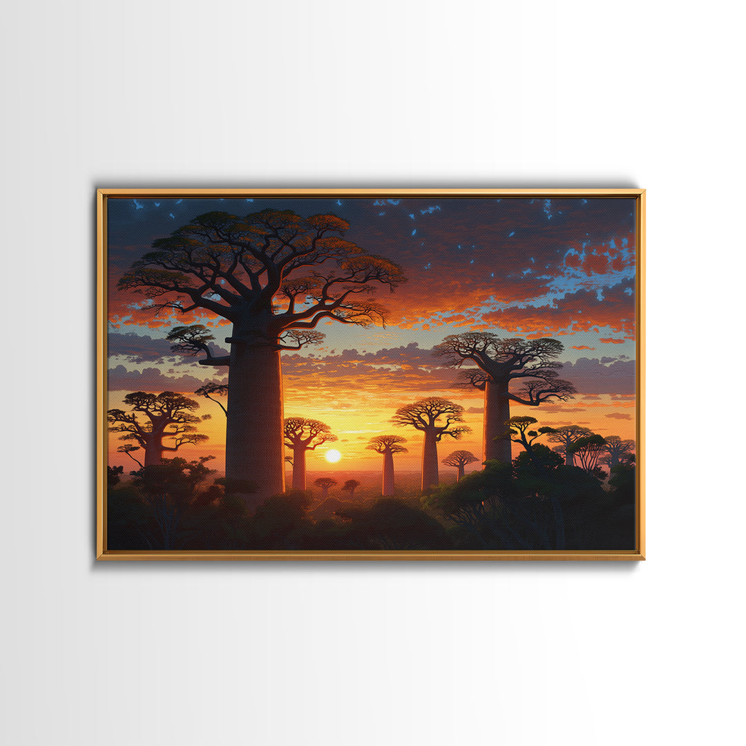 Majestic Baobab Forest At Sunset Framed Canvas Print, African Landscape, Serengeti Wall Art, Jungle Decor, Statement Wall Piece