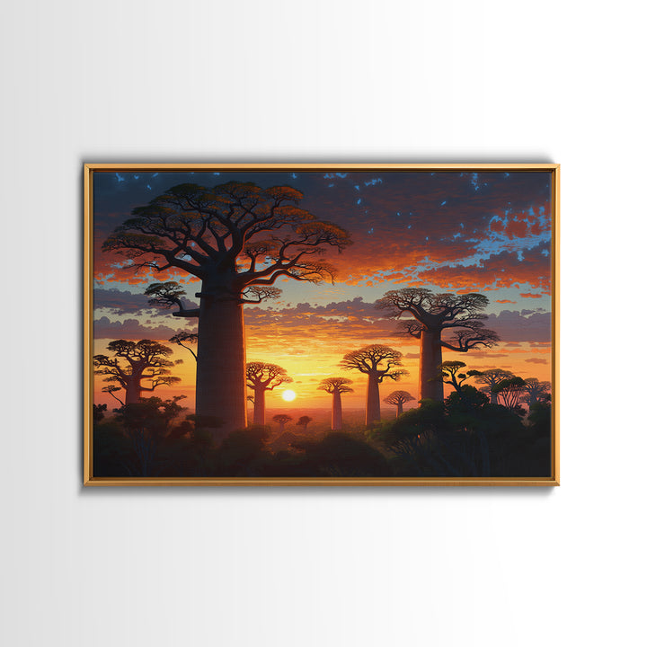 Majestic Baobab Forest At Sunset Framed Canvas Print, African Landscape, Serengeti Wall Art, Jungle Decor, Statement Wall Piece