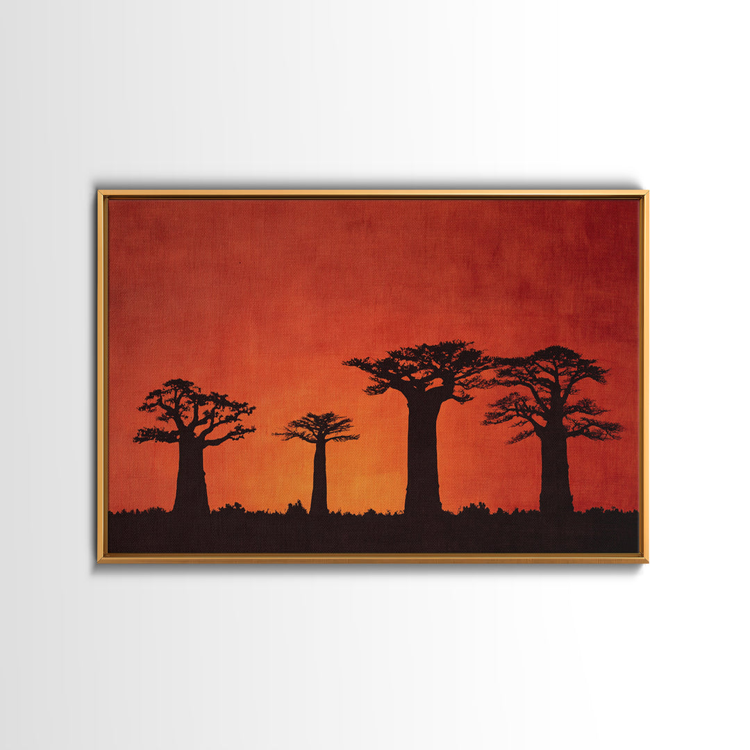 Red Orange Baobab Silhouette Horizon Canvas Print, African Tree, Burnt Orange Art, Boho Wall Decor, Rustic Decor, Home Decor