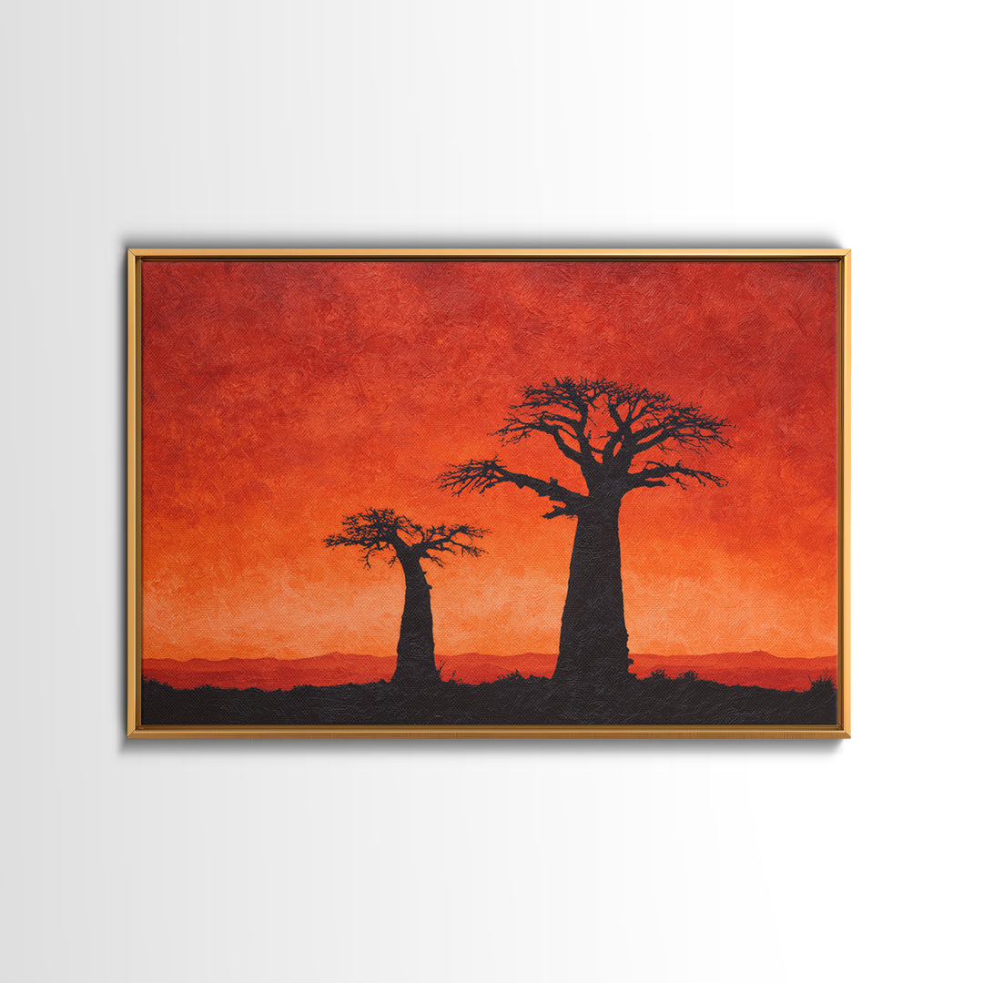 Baobab Tree Silhouettes At Fiery Sunset Wall Art, African Landscape, Safari Decor, Burnt Orange Art Print, Living Room Decor