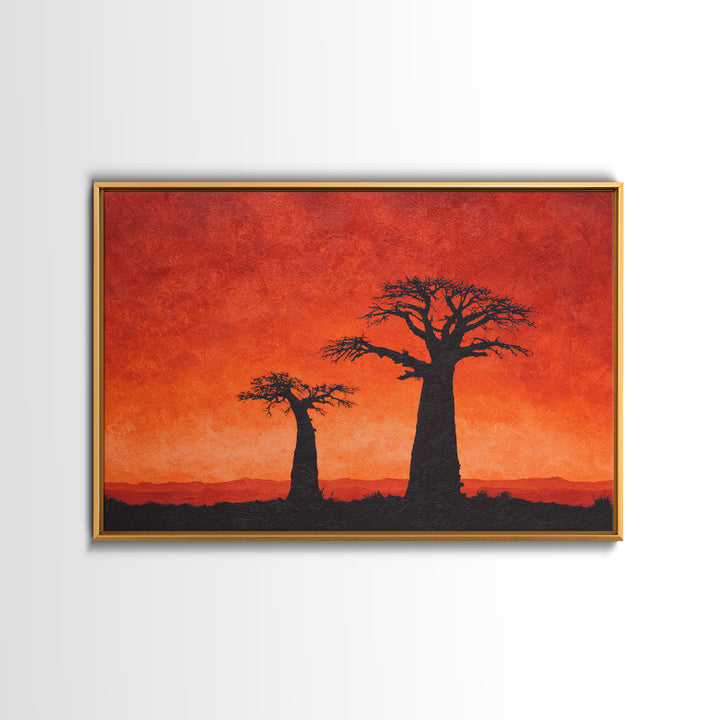 Baobab Tree Silhouettes At Fiery Sunset Wall Art, African Landscape, Safari Decor, Burnt Orange Art Print, Living Room Decor
