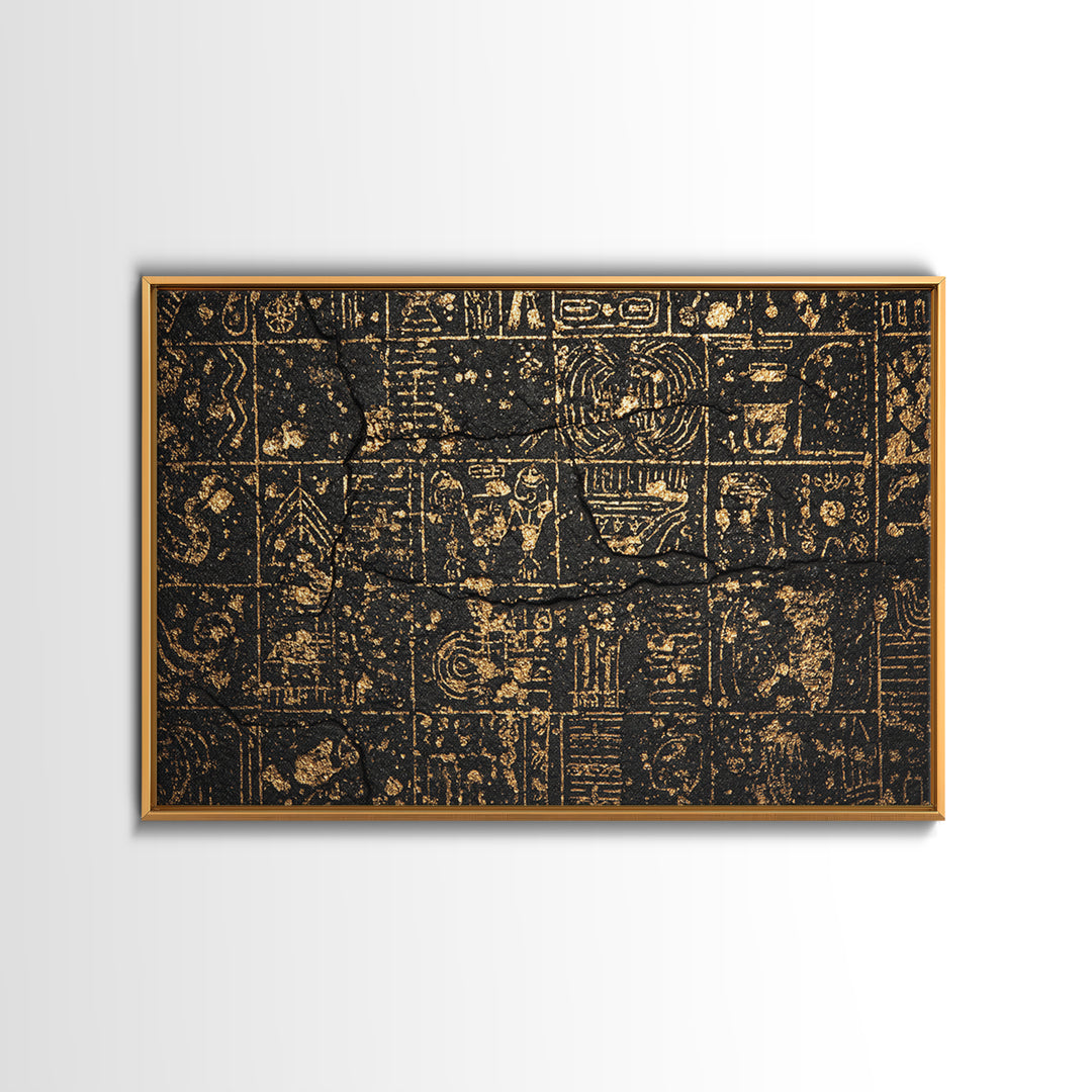 Ancient Egyptian Glyphs On Black Stone Canvas Print, African Egyptian Art, Black And Gold Art, Cultural Art Print, Wall Decor